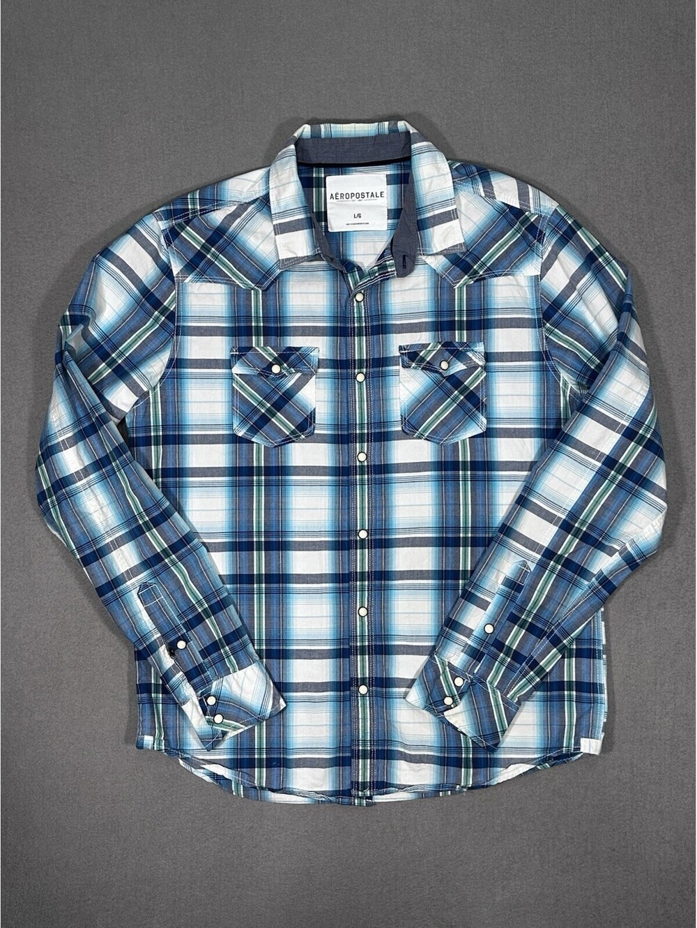 Aeropostale Plaid Western Snap Button Shirt Blue White Men’s Large